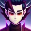 Placeholder: anime discord profile picture of man with short black hair with red streaks, with purple dragon horns on top of his head, looking mischievous