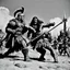 Placeholder: [1960’s colour stop-motion animation style on the battlefield ] a 70s advertisement video TV featuring a fight begins with great intensity.The barbarian warrior uses her weapons hitting the monster severely ripping pieces of her grotesque and monstrous foe. but the monster is very strong and does not let himself be killed.he attacks with deadly fury the barbara warrior and manages to grab her embracing her with his distorted and very strong arms, full of rigid muscles.he hugs her very tightly