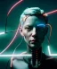 Placeholder: Ultra realistic photographic night portrait, cinematic, <blonde woman> <hanging wires> many wires coming out of the head <perfect pupil> <cyborg arm> <garage> <wide angle Shot> <sci-fi futuristic> <thriller>, neon lights, color fog, soft color, highly detailed, unreal engine 5, ray tracing, RTX, lumen lighting, ultra detail, volumetric lighting, high definition.