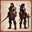 Placeholder: character concept sheet with AD&D statistics and characteristics, [vintage style noisy scratches glitches, Shot the texture and then rewound the film and double exposed the face] a woman Barbarian ranger with her leather armour, her broad sword and her small iron shield