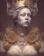 Placeholder: head and shoulders portrait of Queen Mary, face paint, jester hat, sad expression, Takato Yamamoto artist, Akiya Kageichi artist, Jedediah Berry inspired, 8k resolution concept art portrait, dynamic lighting, hyperdetailed, intricately detailed, maximalist, beautiful, peaceful