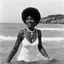 Placeholder: 1970s Afroamerican woman playing in the sea of port rico, looking at the camera, close to the beach,