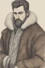 Placeholder: man, medieval, fighter, russian, croocked nose, czar, rich, simple clothes, short messy hair, thick beard, oligarch, brocade coat with fur, brocade clothes, pencil drawing, muscles, 20 years old, medival leather bootsspitz, gewand aus seide