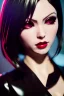 Placeholder: anime vampire, portrait from waist up, pale skin, latex and leather attire,, intricate eyeliner, vibrant eyeshadow, clear completion, soft lighting, 4k resolution, intricate details, insanely detailed, colorful cityscape background, masterpiece, expert, cinematic smooth, retroanime style, realistic details, no helmet