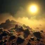 Placeholder: A striking quality photograph captures a wasteland, creepy, details of the dust very accentuated, glossy organic mass, adorned with minerals and rocks. Bathed in intense light, eerie, Max Ernst and Yves Tanguy style, black sun, fog, volumetric light, octane render