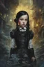 Placeholder: innocence, Splash art, alcohol ink, detailed portrait of cyber punk little Wednesday Addams, dark fantasy, apocalypse fairytale ambience, wide angle, glowing, HDR, Arthur Rackham, Ida Rentoul Outhwaite, Vilhelm Pedersen, digital illustration