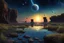 Placeholder: Dark blue sky with one exoplanet in the horizon, rocks, cliffs, puddle, weeds, sci-fi movies influence, movie wallpaper, epic, ernest welvaert and charles leickert impressionism paintings