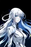 Placeholder: alien like anime girl with long white hair and blue and white skin in evangelion style