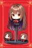 Placeholder: a full-body shot of a woman with long brown hair, red eyes, with a 'bad girl' vibe wearing black and red leather, ((Chibi anime doll style)), on a circular doll figurine stand, intricately detailed, splash art background