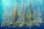 Placeholder: One mile tall underwater plastic city Towers made out of stacked Rubik's Cubes, Orange, white, blue, green.