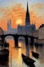 Placeholder: a painting of the Rouen Cathedreal at sunset by artist "Claude Monet"