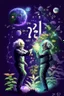 Placeholder: Albert Einstein and Richard Feynman playing with numbers in outerspace with plants, cosmic gas, stars, moons, and comets dancing around them