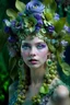 Placeholder: Beautiful young woman portrait adorned with lime fruit and minth leaves and lilac flower headdress baroque headdress, ribbed with minth green and lilac colour gradient mineral stone baroque beads wearing minth green ad lilac colour baroque stume ribbed with embossed minth leaves florals and floral Golden filigree costume and half face baroque masque organic bio spinal ribbed detail of baroque garden background extremely detailed hyperrealistic maximálist concept portrait art