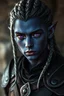 Placeholder: Portrait of a very young drow, Male, with dark blue skin, purple eyes, silver braided hair, realist, dressed with a black shirt and a dark leather armor, realist image