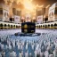 Placeholder: The scene in Mecca: People wearing white Ihram clothes, men without head coverings, women with veils, circumambulating around the Kaaba, and above them are transparent white spirits of children, men, and women with wings revolving around the Kaaba.