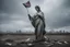 Placeholder: the statue of liberty, dress dirty and torn, her face solemn and terse, trash littered at her feet, she holds a crumpled american flag, she walks away with back turned under a dark and dreary sky, wide angle