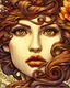 Placeholder: Tile hair, flaming lips, eyes seeking eternity, leader of the witch community, coppery tresses tumbled about her face, tremendous facial anatomy, meaningful beautiful brown eyes, wavy purplish hair, one third rule, trending on top of Art station, by Alphonse Mucha"