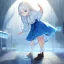 Placeholder: Clear focus, High resolution, white long fluffy hair, hair between eyes, blue eyes, wearing a yellow jacket, wearing a white shirt, wearing a blue skirt with a white line near the bottom, wearing black long socks and brown shoes, raining