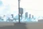 Placeholder: Smokey cyberpunk cityscape, dystopian