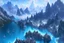 Placeholder: A crystal blue lake centered around mountains, high resolution, realistic, beautiful, volumetric lighting, colorful, masterpiece, crystalline, strong blue color, detailed, aerial view, 8K, intricate details, cyberpunk, cosmic