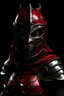 Placeholder: Realstic Scary Female knight that has Crimson Red armor and a Angelic helmet with a face mask in the Dark backround