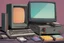 Placeholder: retro tech on a desk, Magneto-optical disk, floppy disk, Hard disks, ram, VHS, Retro pc, slight watercolor, no humans