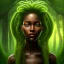 Placeholder: Painting .the face of A young black woman. A wood nymph emerging from the forest. Her hair looks like vines. Dreadlocs. Her skin is the colour of dark soil. Her skin looks like tree bark. Her clothing is made of vines, grass and leaves.