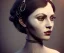 Placeholder: 1800s, witchy, pale, strong jawline, victorian, portrait, choker, black curly hair, thick eyebrows, full lips, big eyes, feminine nose, victorian dress, beautiful, silver tiara, hair headdress, metal beads