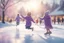 Placeholder: pencil drawing, pastel colours, in the foreground we see a purple knitted scarf falling on the ice, in the background cute cjibi children are skating happily in sunshine, ethereal, cinematic postprocessing, bokeh, dof