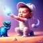 Placeholder: 1yo little szymon is on safari onthe moon. petting a blue dinosaur. he has big binoculars and a funny hat. High detailed. Cinematic. Digital painting. Warm lights.