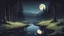 Placeholder: a 16 bit color, beautiful, serene forest scenery, trees, moon, stream, grass, reflection, evening time, darkish night