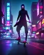 Placeholder: photo of a ninja riding a skateboard; in an alternate universe in tokyo; cyberpunk; realistic; rain; neon signs