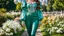 Placeholder: fullbody shot of girl makeup wearing a dark green-silver victorian top and pants walking in moder city of 2040 park ,flowers ,pretty clouds in blue sky,city escape.