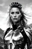 Placeholder: Generate an 8k image of a futuristic Hollywood superstar with android features, inspired by Luis Royo's art, wearing a metallic exosuit.In black and white,