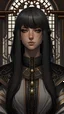 Placeholder: Realistic brutalist anime art style. Lyari is the Vicereine of Auris. She has long and dark brown asymmetrical haircut. A jaw-dropping monarchical beauty.