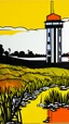 Placeholder: An orange colored marshland near an iron fortress painted by Roy Lichtenstein