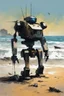 Placeholder: [Alex Maleev] Abandoned war robot wreckage on the beach, kids are approaching it from the beach in a small barque