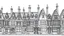 Placeholder: A highly detailed front elevation line drawing of a row of crooked fantasy houses, with twisted tall chimneys, rooms and floors added to sides and roofs, like Harry Potter's Diagon Alley.