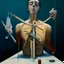 Placeholder: Abstract painting formed by a mix of human flesh-like surgical instruments and universe-like musical instruments,neuralink,minimalism,Painting By Adrian Ghenie, Rene Magritte, Salvador Dali, Lucian Freud