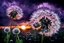 Placeholder: dark purple Sunset with big black Dandelions, , high textures, surreal, weird, white-black colors, silver rain, sharp focus, splash art, intricately detailed, mystic, dark stunning mood