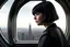 Placeholder: girl wearing black leather, shoulder-length bob, with fringe, in a science fiction building looking out over a large city