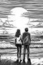 Placeholder: couple on the beach looking at the sunset black and white thick outlines for coloring