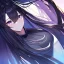 Placeholder: Clear focus,High resolution, Black long straight hair, Long bangs, and purple eyes, Looking down on you, pure black eyes