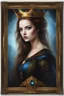 Placeholder: Gothic Gold framed painted portrait of a beautiful queen. Blue eyes, brown hair, dark fantasy