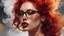 Placeholder: designed by greg manchess,smoke, Close Portrait of a woman, bright detailed eyes, sleek scarlet hair, dense freckles, matte lips, cigarette mouth, futuristic, gold glasses, trending on art station, smoke, abstract, photoreal, 8 k, octane render by greg rutkowski, art by Carne Griffiths and Wadim Kashin ,in the style of Dau-al-Set, Pollock, and inspired by MAPPA and Zdzislaw Beksinski