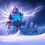 Placeholder: big bat flying in front of exploding ice castle, ski tracks and blue storm clouds and burning lightening