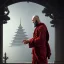 Placeholder: Portrait of a monk, fog, distant Asian temple, profile, grim, dark, Frank Frazetta, Greg Rutkowski, hyperdetailed, trending on Artstation, Splash screen art, dynamic lighting, intricately detailed, a masterpiece, 8k resolution, high contrast, bearded, red robe, detailed face, dramatic, photorealistic,