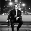 Placeholder: humphrey bogart sitting on a bench in new york city at night, dramatic, dramatic lighting, volumetric lighting, hyperrealism, 8k, high quality, photorealistic, lot of details