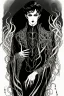 Placeholder: black haired young man necromancer wizard with gothic jewelry and tentacle fingers in the style of Harry Clarke