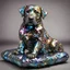 Placeholder: A high-definition,full-body, bismuth statue of an ultra-detailed spectacular graceful very royalistic female labrador lying on a swarowski covered pillow with the mouth closed. Composed in Art Nouveau style, the sculpture features multicolored, shiny, reflective bismuth crystals, body, stripes, head, legs, paws, and claws of the dog are crafted from geometric bismuth, opalescence, crystal reflects a vivid spectrum of shifting colors, of blues, greens, purples, and golds, background shiny blac